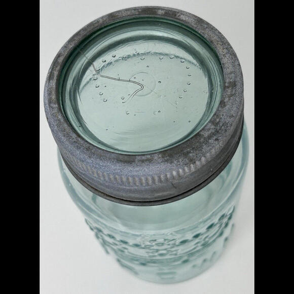 Antique CROWN Quart Aqua Blue Glass Canning Jar Zinc Ring Glass Lid Complete - Picture 7 of 14